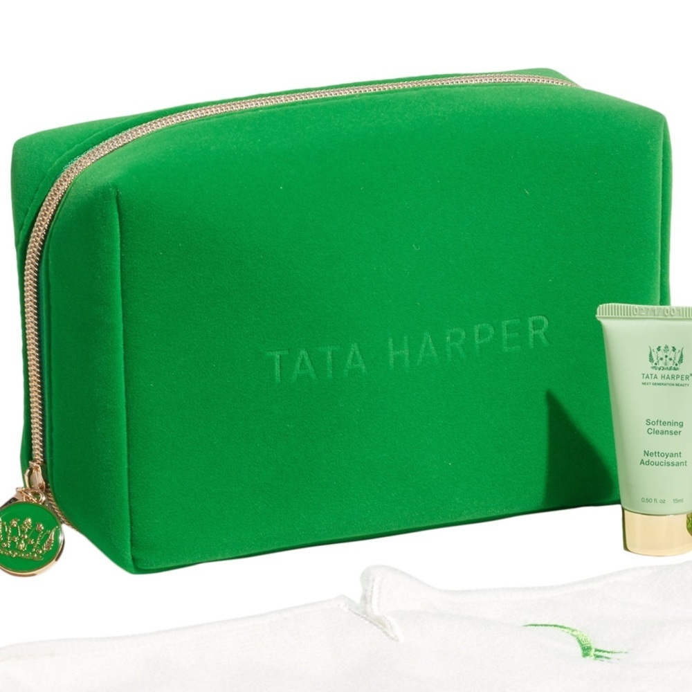 Tata Harper Green Make Up Cosmetic Travel Bag with gold zipper OS